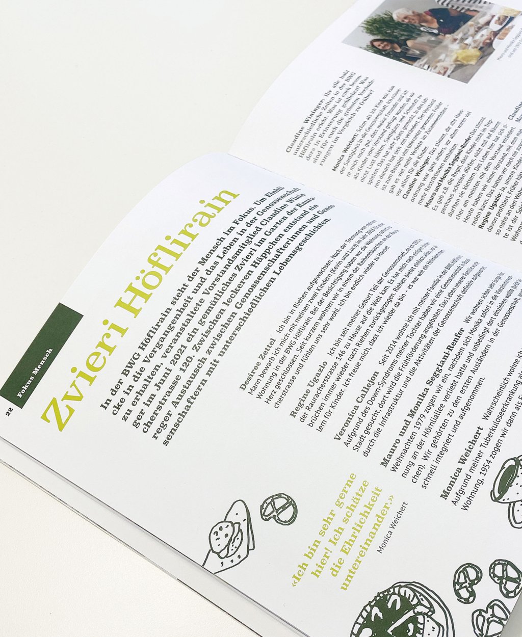 Broschüre von Höflirain mit Detailansicht Layout und Illustrationen