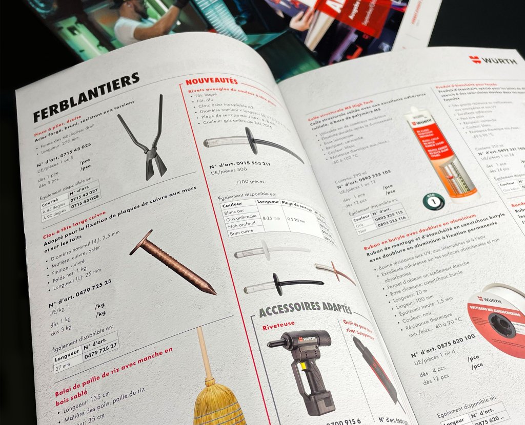 Produktekatalog von Würth mit Detailansicht einer Seite auf Französisch